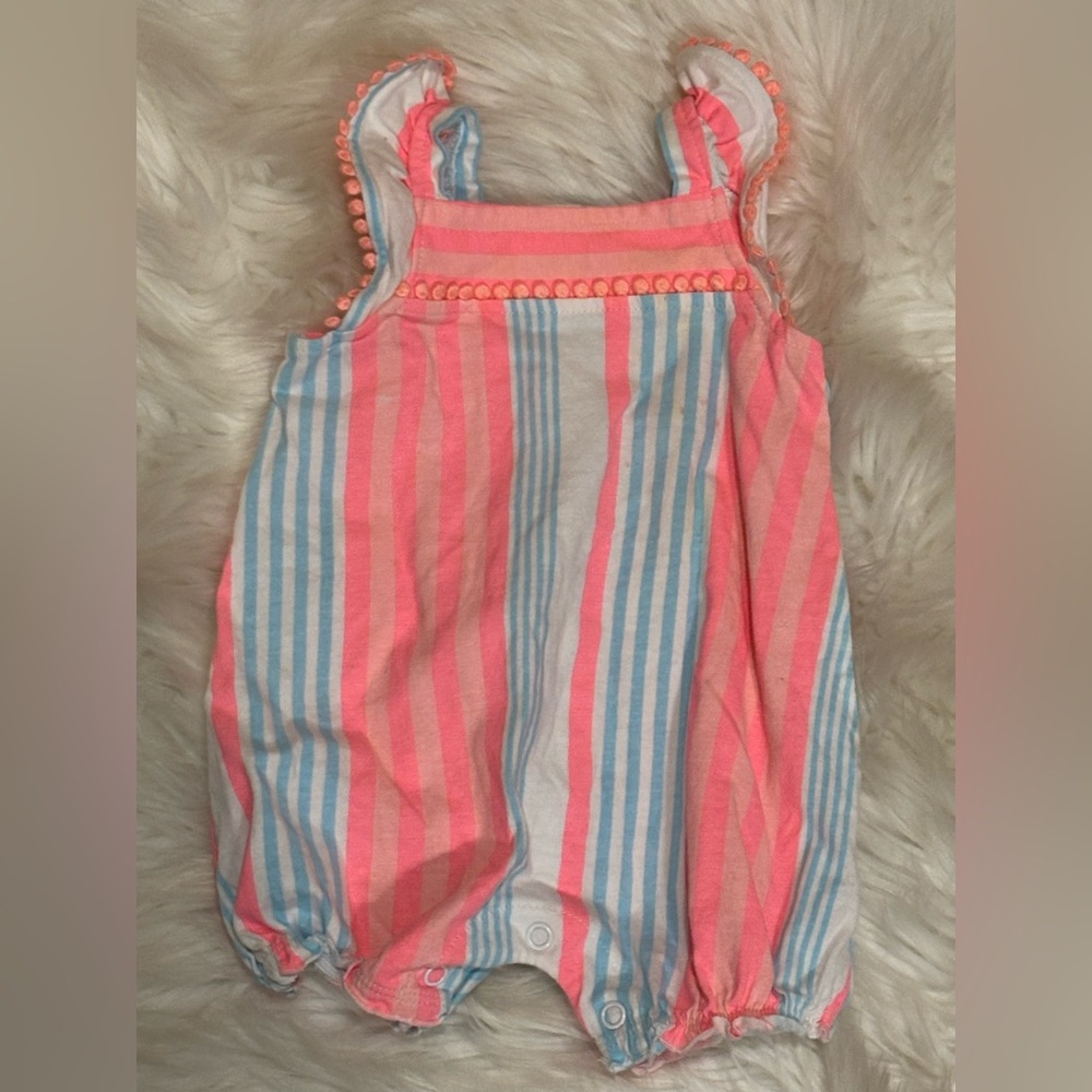 Carters Infant Girls Pink White Blue Stripes Romper Ruffled Outfit 3 months EUC